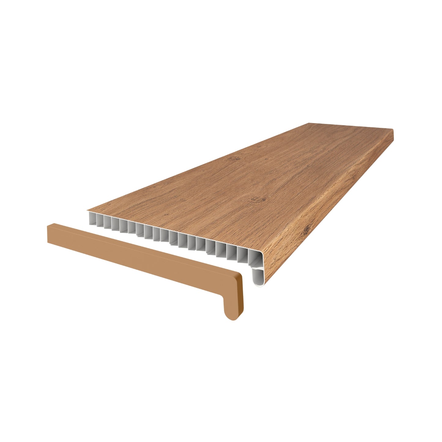 Vilo chamber windowsill in colour winchester oak. Showing the end cap