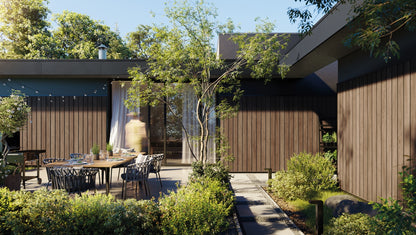 Lifestyle image of solvo cladding chocolate oak on the exterior of a building.