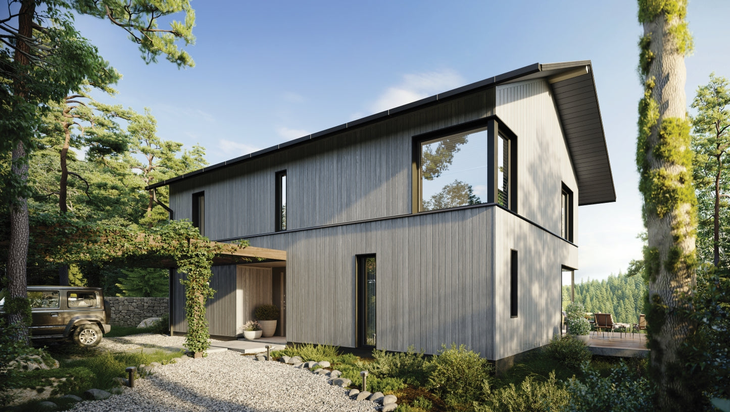 Lifestyle image of solvo cladding Grey on the exterior of a building.