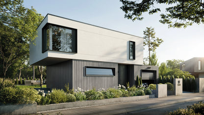 Lifestyle image of solvo cladding Grey on the exterior of a building.