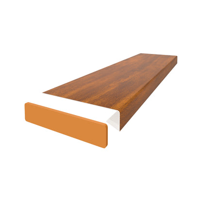 Vilo windowsill overlay in colour golden oak. Showing the end cap