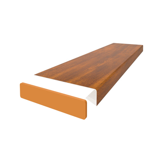 Vilo windowsill overlay in colour golden oak. Showing the end cap