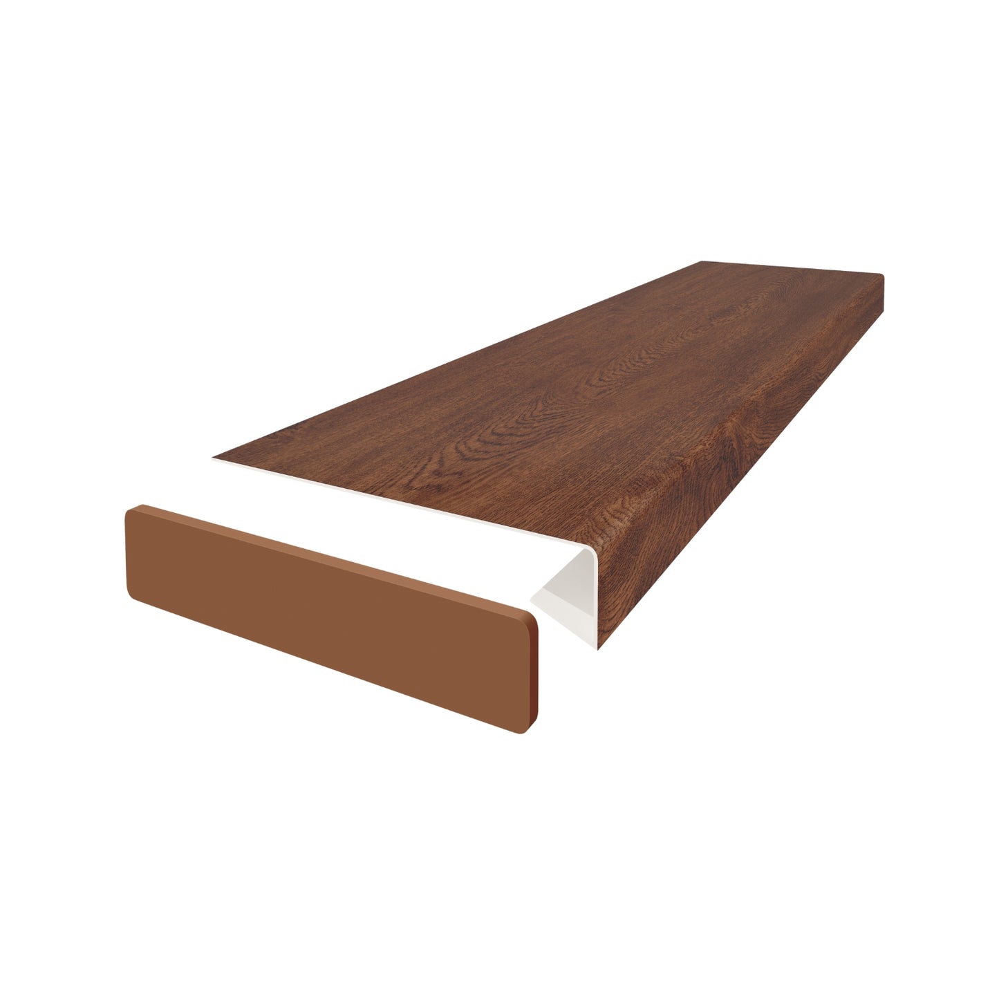Vilo windowsill overlay in colour nut. Showing the end cap