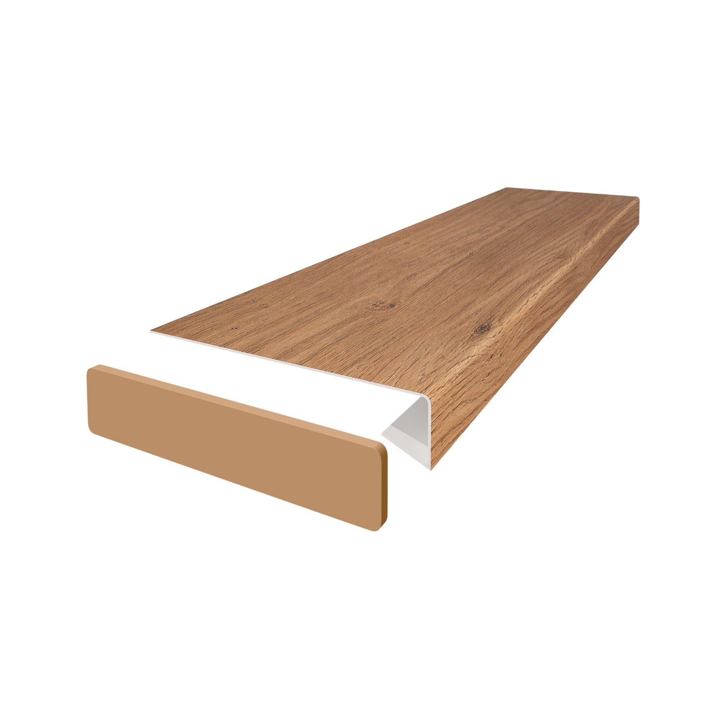 Vilo windowsill overlay in colour winchester oak. Showing the end cap